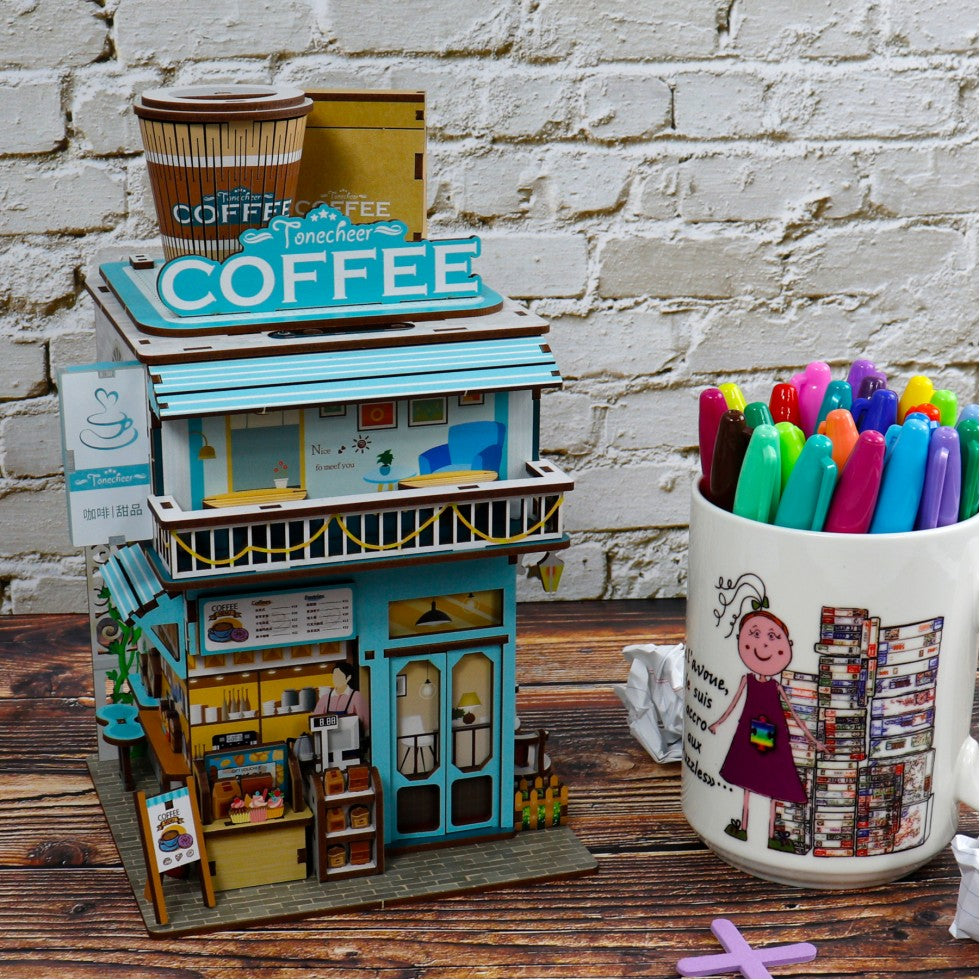 Mini - desk bin DIY wooden puzzle - COFFEE SHOP